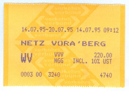 Eisenbahn Fahrkarte Netz Vorarlberg 10. 7. 1992 Österreich Verkehrsverbund Ticket - Europa