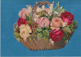 SUPERBE CHROMO DECOUPIS RELIEF BRILLANT Grand Format Panier Osier Fleurs Rose 18x 24 Cm Très Bel état - Flores