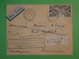 BV10 REUNION  BELLE LETTRE RECO. RRR  1947 1ER VOL A MADAGASCAR  +BOIS DE NEFLES +CACHETS  VERSO ++AFF. INTERESSANT+ - Airmail