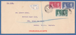 HONG KONG  1937  RARE  GEORGE VI CORONATION  S.G. 137-139  F.D.C. TO LONDON VIA SUEZ - Storia Postale