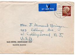 67997 - Bund - 1958 - 60Pfg Heuss II EF A LpBf BADEN-BADEN -> W Collingswood, NJ (USA) - Briefe U. Dokumente