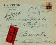 BELGIQUE - COB OC 19 VERVIERS + CENSURE VERVIERS SUR LETTRE PAR EXPRES, 1918 - Armada Alemana