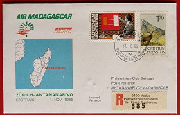 LIECHTENSTEIN 1986 AIR MADAGASCAR FIRST FLIGHT BOING 747 ZURICH SWITZERLAND TO ANTANANARIVO - Cartas & Documentos