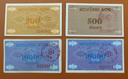 Bosnia, 200, 500, 10 000 And 20 000 Dinara, 1992, Stamp Vitez, Pick 48c, 49c, 52c, 53c, VF-XF - Bosnie-Herzegovine