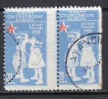 1955 TURKEY PERFORATION ERROR - 20 PARA TURKISH SOCIETY FOR THE PROTECTION OF CHILDREN CHARITY STAMPS PAIR USED - Charity Stamps