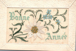 Brodée - Cpa Fantaisie - Bonne Année - Fleurs Flowers - Bordados