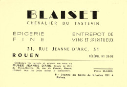 Rouen * BLAISET Chevalier Du Tastevin Epicerie Vins 31 Rue Jeanne D'arc* Carte De Visite Publicitaire Ancienne Illustrée - Rouen