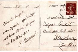 68072 - Frankreich - 1921 - 20c Säerin EF A AnsKte MATZENHEIM -> Strasbourg - 1906-38 Sower - Cameo
