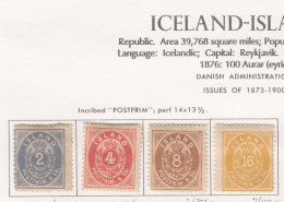 Sp601 1873 Iceland Crown Inscribed 'Postfrim' Perf 14X13.5, 14X12.5 Michel #1A,3A,4A,5B 1580 Euro 4St Lh - Ongebruikt