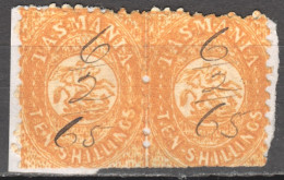 Tas204_2 1863 Australia Tasmania Perf 10 Untorn Pair Ten Shillings Fiscal Gibbons Sg #F11 360 £ 2St Used - Gebraucht