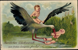 Gaufré Lithographie Glückwunsch Geburt, Storch Bringt Kinder - Naissance