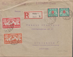 1923. DANZIG. Interesting Registered Cover (tears) To Sweden With Pair 300 MARK And 50 + 100... (Michel 134+) - JF442057 - Brieven En Documenten