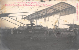 28-CHATEAUDUN- CARTE-PHOTO- 18 SEPTEMBRE 1910- DEPART DE L. LE COMTE DE MALINSKY SUR BIPLAN " M. FARMAN " - Chateaudun