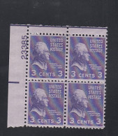 Sc#807, 3-cent 1938 Presidential Issue, MNH Plate # Block Of 4 US Stamps - Numéros De Planches