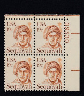 Sc#1859, 19-cent  Sequoyah Indian Native American Theme Great Americans Issue, Plate # Block Of 4 US Stamps - Plaatnummers