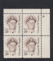 Sc#1869, 50-cent Chester Nimitz US Navy Admiral Theme Great Americans Issue, Plate # Block Of 4 US Stamps - Numero Di Lastre