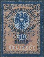AUSTRIA-L'AUTRICHE-ÖSTERREICH,1920 Revenue Tax - Fiscal Stamp Stempelmarke - 50 HELLER-used - Fiscaux