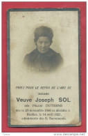 Souvenir Mortuaire - Veuve Joseph Sol ( Félicie Duterne ) , Décédée à Renlies Le 14 Avril 1921 - Beaumont