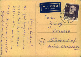 1953, Luftpostkarte Ab BERLIN-SPANDAU Frankiert Mit 15 Pfg. Virchow Nach Schwandorf. - Covers & Documents