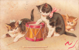 CPA - Chatons Jouant Avec Un Tambour -Rubans - Colorisé - Carte Postale Ancienne - Gatos