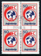 YUGOSLAVIA 1988 Red Cross Week Tax 50 D. Block Of 4 Imperforate Horizontally, Cancelled.  Michel ZZM 154 - Imperforates, Proofs & Errors