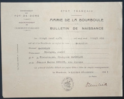 DOCUMENT PUY DE DOME / LA BOURBOULE 1926 BULLETIN DE NAISSANCE - Manuscrits