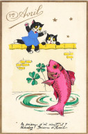 Chat * Cpa Illustrateur * Chats Humanisés Et Poisson * 1er Avril * Cat Katze - Gatti