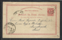 NORVEGE Ca.1893: CP Entier De 10o. De Christiania Pour Innsbruck (Autriche) - Enteros Postales