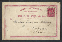 NORVEGE Ca.1894: CP Entier De 10o. De Bergen Pour Colmar (France) - Postal Stationery