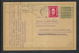 TCHEKOSLOVAQUIE Ca.1922: CP Entier De 50h De Prague Pour Serrières (NE, Suisse) - Postkaarten