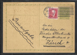TCHEKOSLOVAQUIE Ca.1933: CP Entier De 50h De Prague Pour Zürich (ZH, Suisse) - Cartes Postales