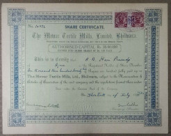 INDIA 1942 THE MEWAR TEXTILE MILLS LIMITED BHILWARA, TEXTILE INDUSTRY.....SHARE CERTIFICATE - Tessili