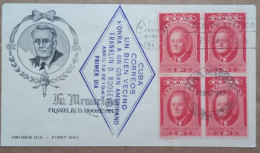 CUBA-USA 1947, FDC COVER, FRANKLIN D.ROOSEVELT, ILLUSTRATE, BLOCK OF 4 STAMP, HABANA CITY 2 DIFF CANCEL, DIAMOND SHAPE - Storia Postale