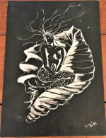 Peinture Argentée Sur Fond Noir Michel Eustache 1994 Représentant Une Sirène Dans Un Coquillage - Art Contemporain
