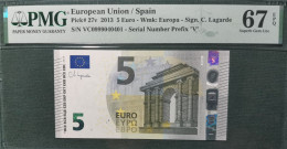 5 EURO SPAIN 2013 LAGARDE V014J1 VC SC FDS UNC. PERFECT PMG 67 EPQ ONLY FOUR NUMBERS - 5 Euro