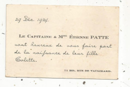 Carte De Visite, 1924, Capitaine, Faire Part De Naissance, 71 Bis Rue De Vaugirard - Cartoncini Da Visita