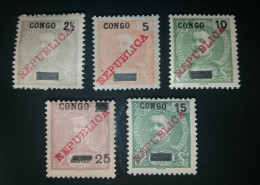 CONGO - 1910/11 - D.CARLOS I , SELOS DE ANGOLA COM SOBRECARGA "CONGO" E " REPÚBLICA" - CE55/59 - Portugiesisch-Kongo