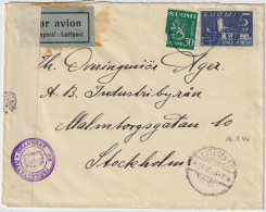 FINLAND - 1944 - Facit F180 & F159 On Censored Air Mail Cover From LITTOINEN To Stockholm, Sweden - Briefe U. Dokumente