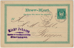 NORVÈGE / NORWAY - 1889 - 5øre Emerald Green Postal Card Mi.P28c Used FromSTAVANGER To BERGEN - Very Fine - Entiers Postaux