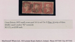 GB 1855 Small Crown 14 Die 2 1d Red Plate 14 KA-KC Strip Of 3 Used London "42" Numerals, Cat. £300 - Oblitérés