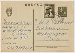 NORVÈGE / NORWAY - 1946 - 15øre Postal Card Mi.P103 Up-rated Facit F348 15+10øre From ULLEVÅL HAGEBY TO OSLO - Postwaardestukken