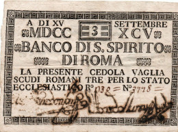 ITALIA - BREPU. ROMANA - CEDOLA 3 SCUDI - STATO PAPALE 1795 - BANCO DI S.SPIRITO DI ROMA - Altri & Non Classificati