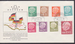 Saarland Wieder Deutsch FDC Mit Allen Werten Aus Th. Heuss I (120,-) Vom 1.1.1957 - Storia Postale