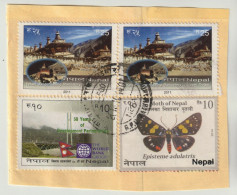 Nepal 2011 2x Yetser Jangchubling Monastery 2013 World Bank, 2014 Moth Butterfly Gestempelt Auf Fragment - Népal