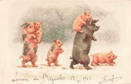 Cochon * Cpa Illustrateur * Cochons Humanisés Marchant Dans La Neige * Pig - Schweine