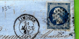 1862 ENTETE En Filigrane Fçois Nicot  Limoges  T. Empire Bleu Nuit Non Dentelé Oblit. P. Ch.   1730 > Commentry Allier - 1800 – 1899