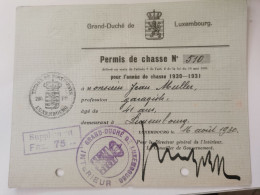 Luxembourg Permis De Chasse 1930 - Brieven En Documenten