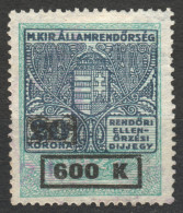 1921 1924 Hungary - POLICE Tax - Revenue Stamp - 600 K / 20 K Overprint - Used - Revenue Stamps