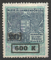 1921 1924 Hungary - POLICE Tax - Revenue Stamp - 600 K / 20 K Overprint - Used - Steuermarken