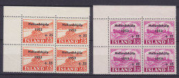 Iceland 1953 Mi. 285-86, 'Hollandshjálp' Overprinted M. Aufdruck 4-Blocks W. Corner Margin, MNH** - Blocks & Kleinbögen